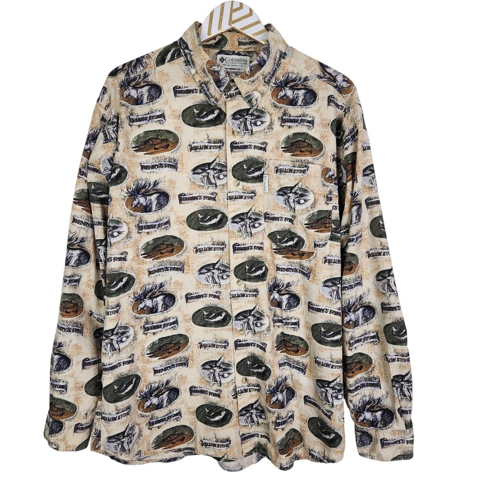 COLUMBIA Shirt Mens Large Yellowstone Henrys Fork Fishing Print Cotton Top